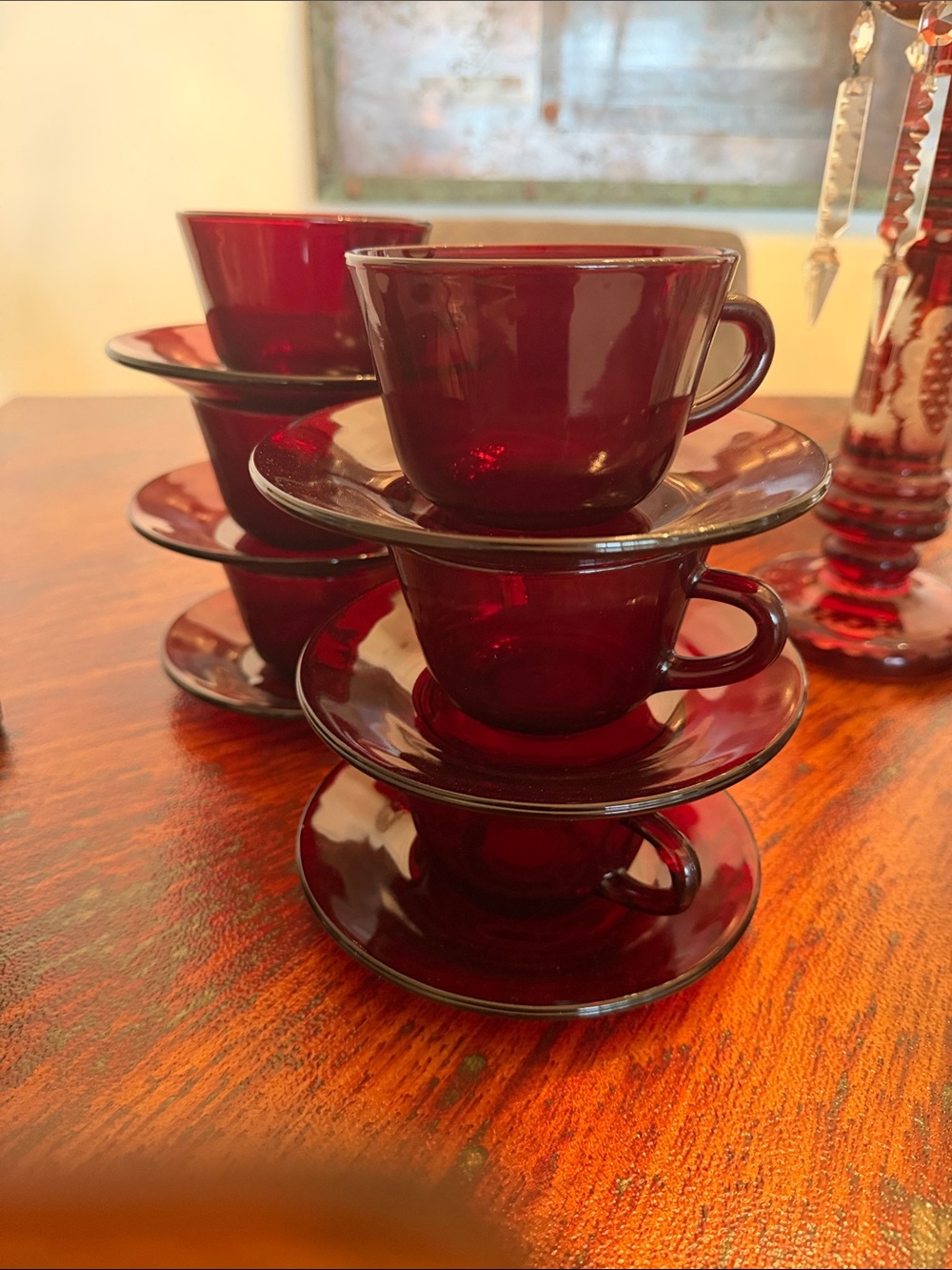 Deep Ruby Glass Teacup and Saucer Set - 6 Piece